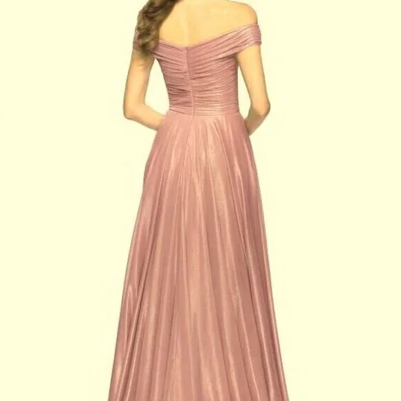 La Femme Pink Metallic Iridescent Off the Shoulder Chiffon Gown